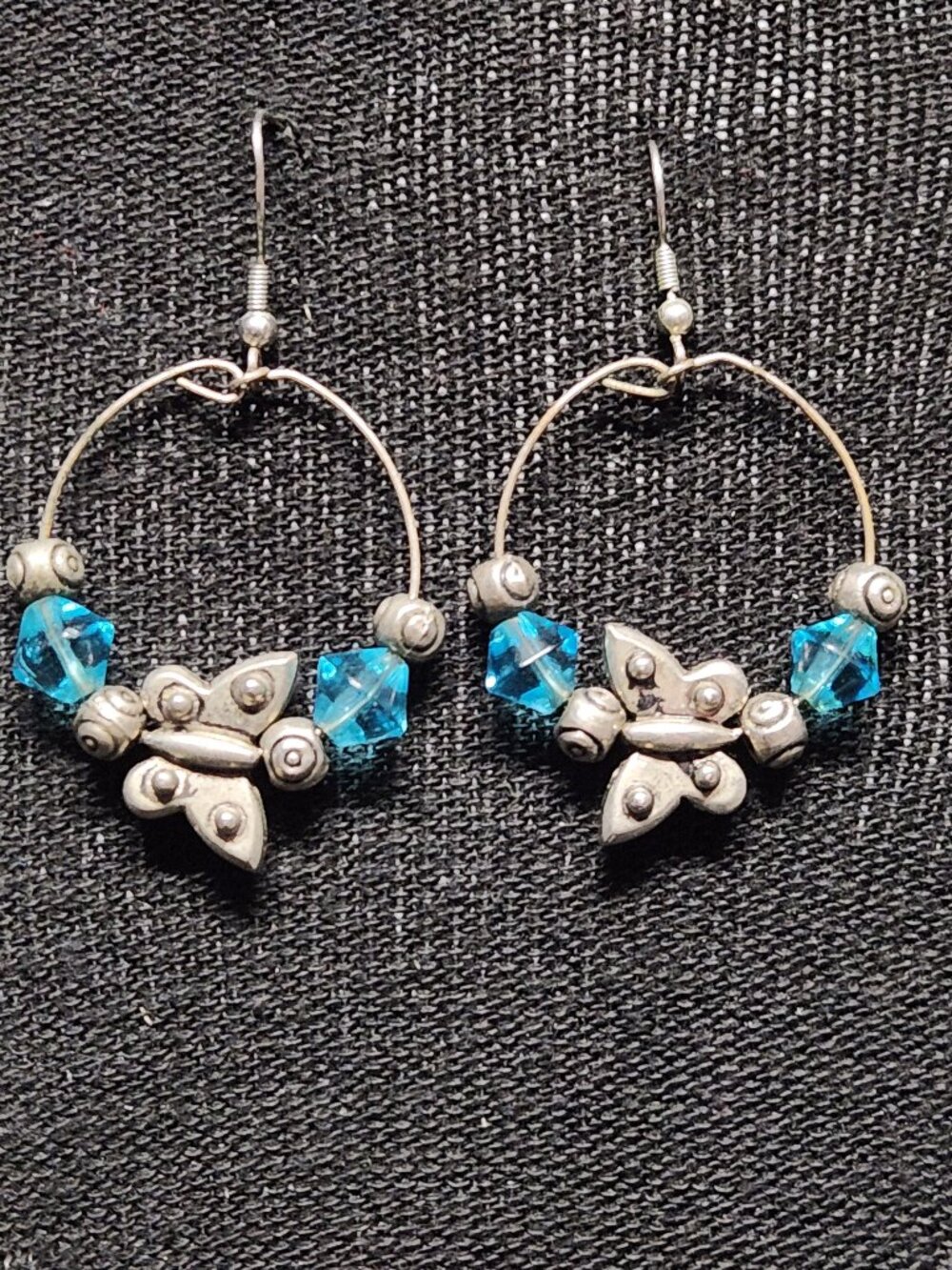 Butterfly Hoop Dangle Earrings Blue Crystal Beads Silver Tone Boho
